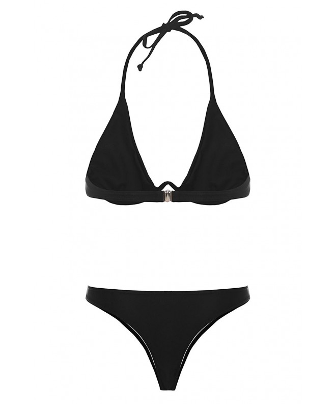 Womens Swimsuits Bikini Two Pieces Halter Neck Triangle Thong Swimwear Bathing Suit Black