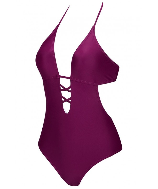 Sexy Plunge One Piece Swimsuit- Plum Halter Swimsuit For Women - Purple ...