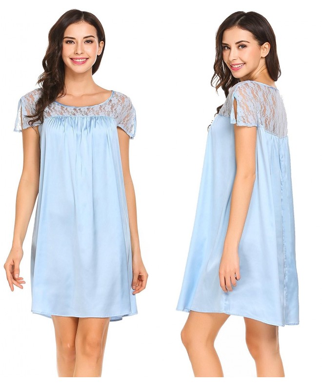 Lace Satin Nightgown Short Sleeves Round Neck Nightdress Loose ...