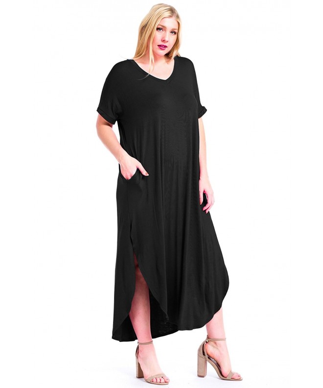 Plus Size Solid V-Neck Pocket Loose Maxi Dress - Made In USA - Black ...