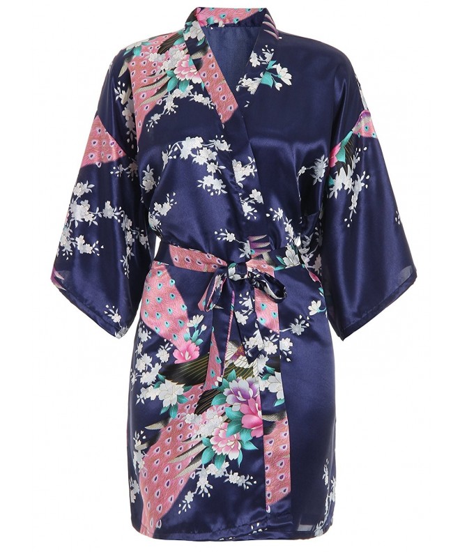 Women's Satin Kimono Bridesmaid Robes Short Length - Navy P - CL12NS8JKYJ