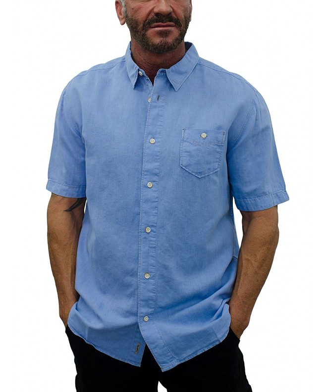 Men's Short Sleeve Linen Shirt With Contrast Stitches - Steel Blue ...