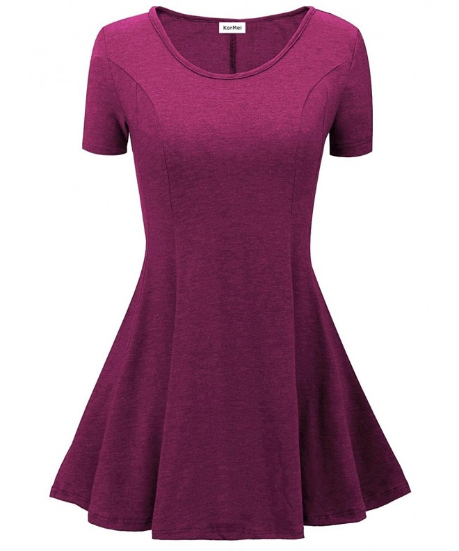 Womens Short Sleeve Round Neck Slim Fit Tunic Tops - Rose Red - C617YDQIG63