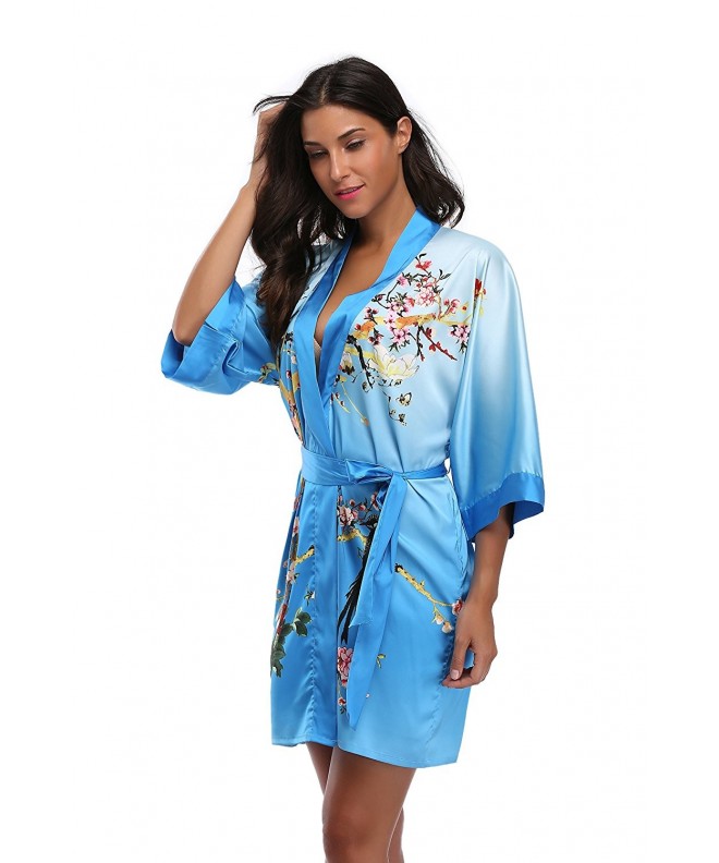 Women's Floral Pattern Design Kimono Robe- Short - Blue - CD17Z3YAC5W