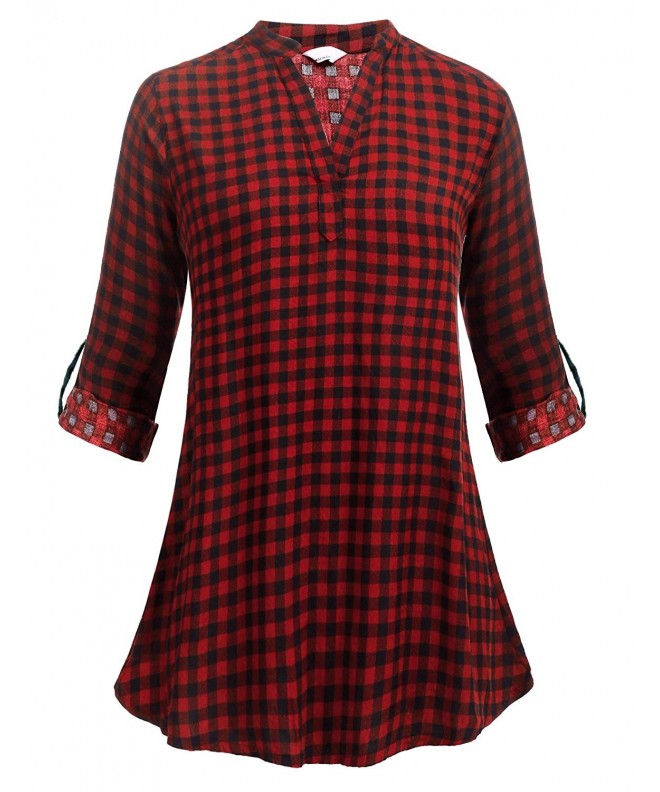Women's Casual Long Sleeve Plaid Shirts V-Neck Tunic Pullover Blouse ...