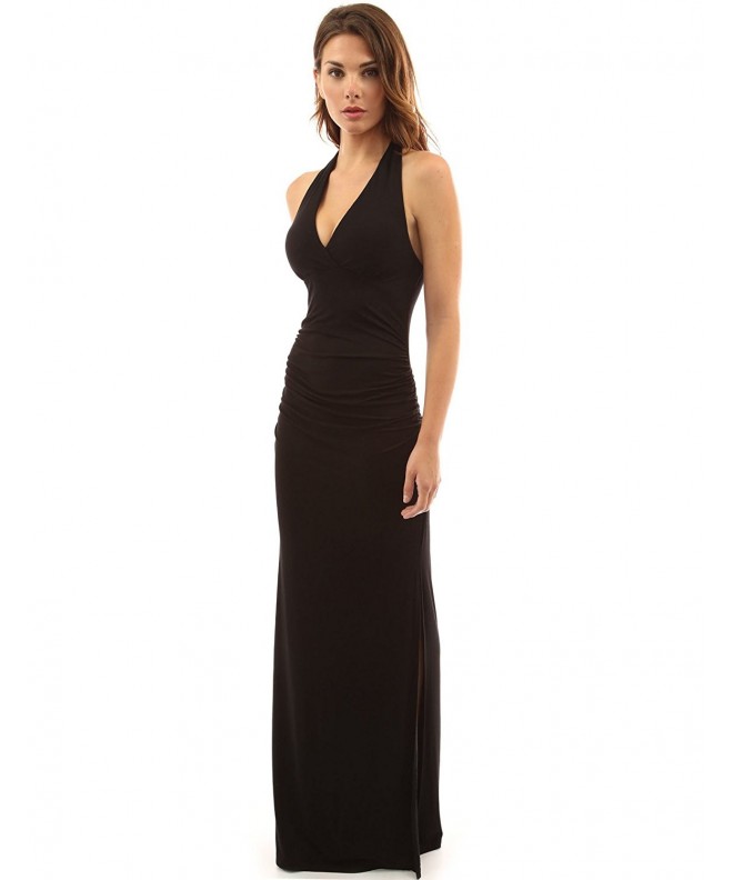 Women's Halter Empire Waist Ruched Side Slit Maxi Dress - Black ...