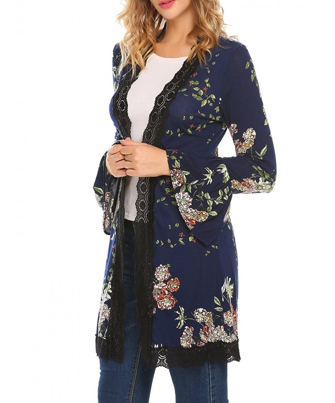 Women's Floral Print Bell Sleeve Kimono Lace Patchwork Drape Open Front ...