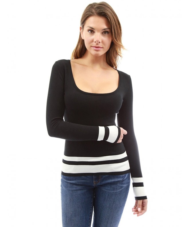 Scoop Neck Long Sleeve Sweater - Black and Ivory - CQ12K63PK4N