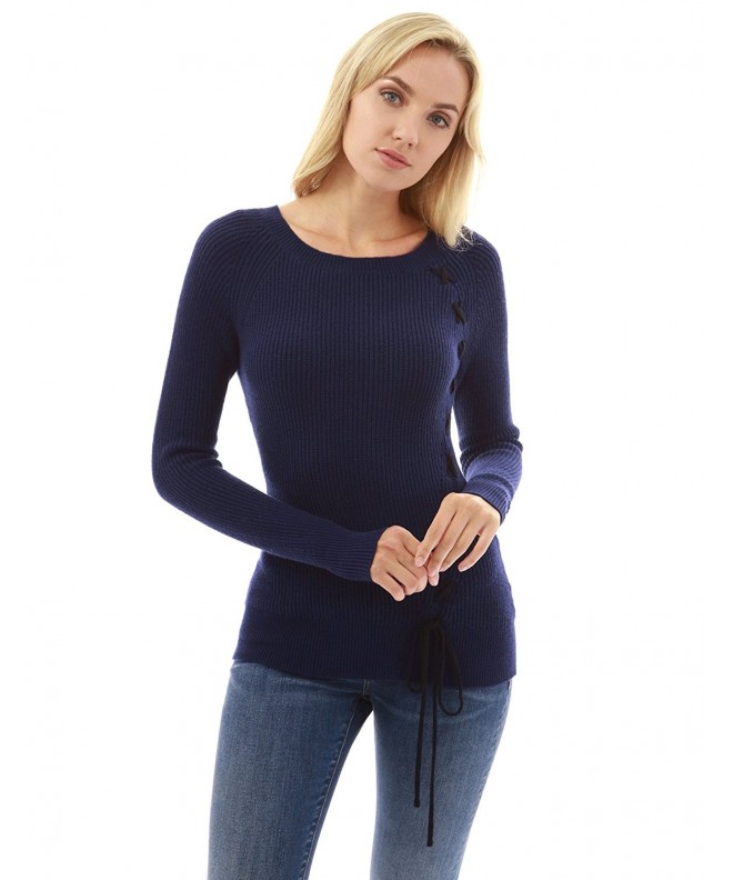 Women's Raglan Long Sleeve Lace Up Sweater - Navy Blue and Black ...