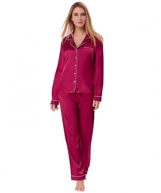 Women's Satin Pajama Set Long Button Down Sleepwear With Pants ZE0052 ...
