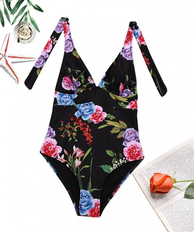 Vintage Floral Print One Piece Swimsuit For Women- Padded Halter ...