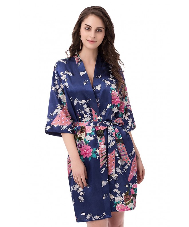 Women's Printing Peacock Kimono Robe Short Sleeve Silk Bridal Robe ...