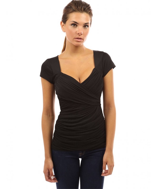 Women's Cross Front V Neck Ruched Mesh Blouse - Black - CE11FT94NBL