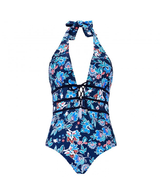 Floral Print Halter One Piece Swimsuit- Lace Up Bathing Suit for Women ...