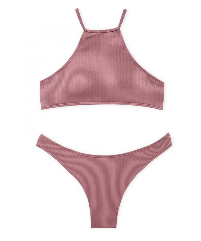 Rib Knit Halter Bikini Set- High Neck Swimsuit For Women - Darkpink ...